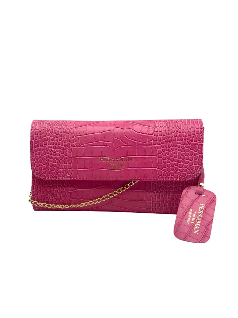 Persaman Pink Croc Embossed Leather Priscilla Crossbody Clutch